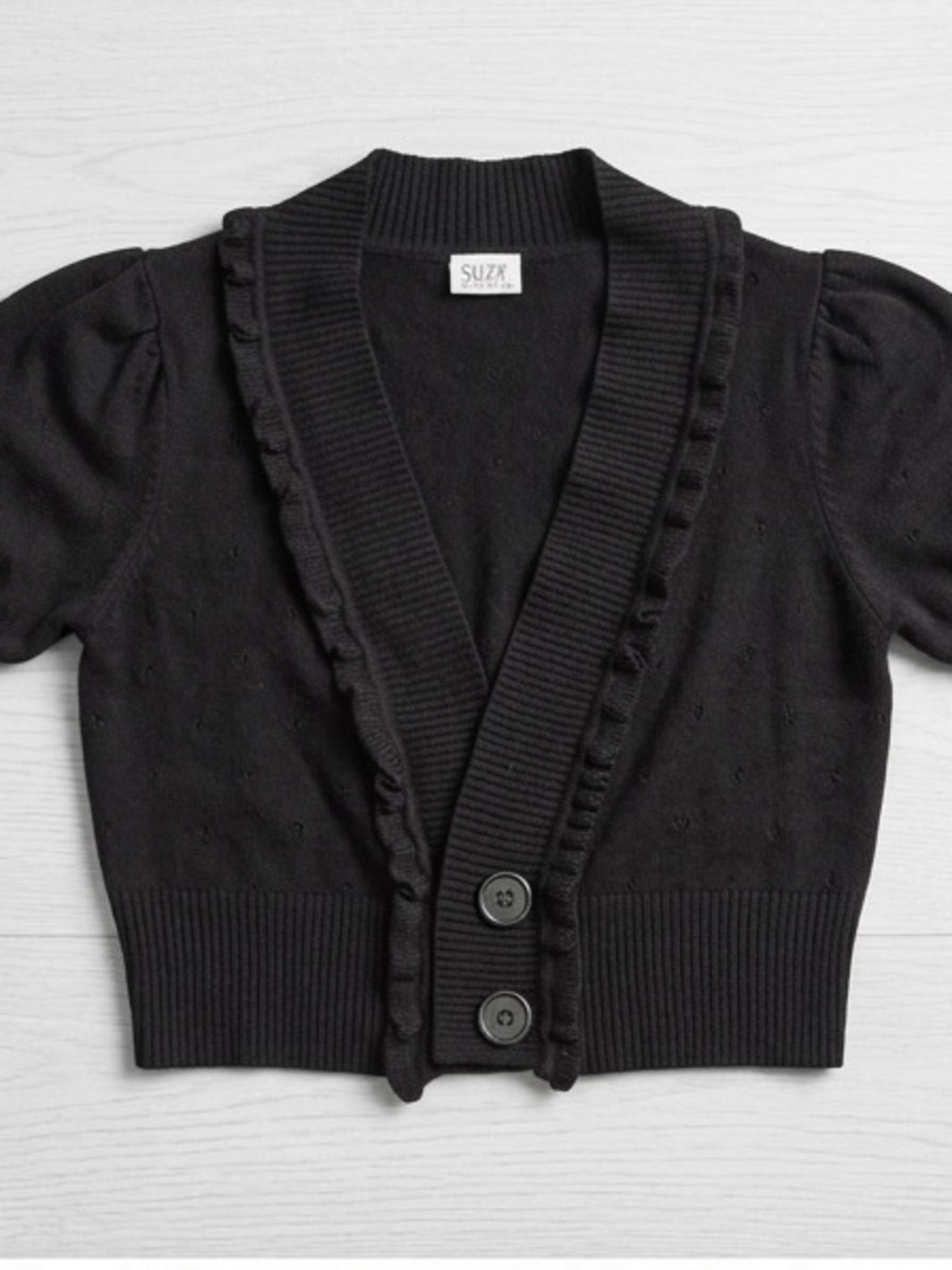 Suzy Shier Black Short Sleeve Ruffle-Trim Button Cardigan